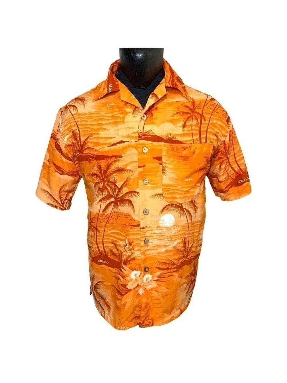 Maui Hawaii Vintage Orange Tropical Sunset Casual Button up Shirt Short Sleeve S